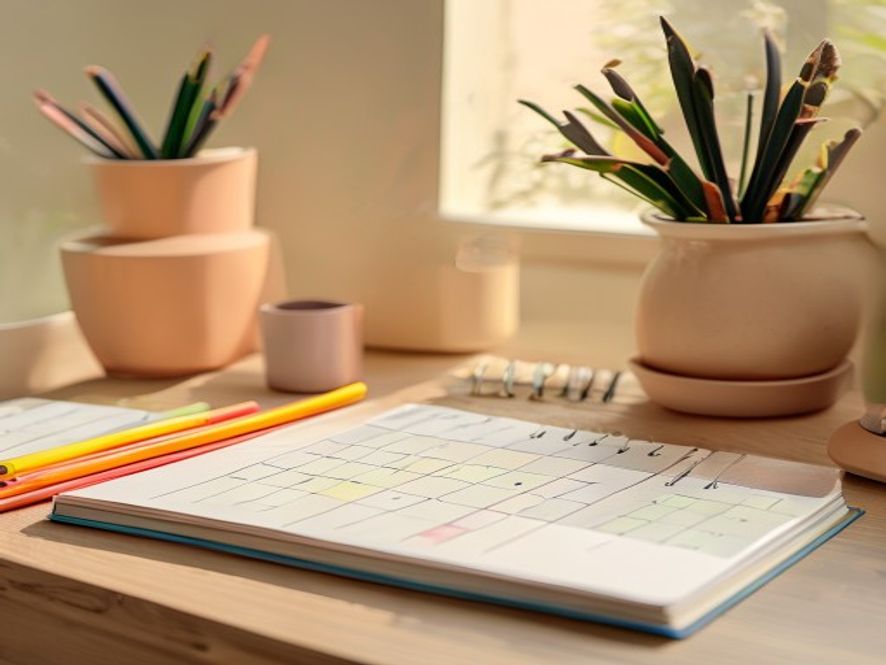 Weekly calendar on desk with color-coded time blocks and notebook for planning