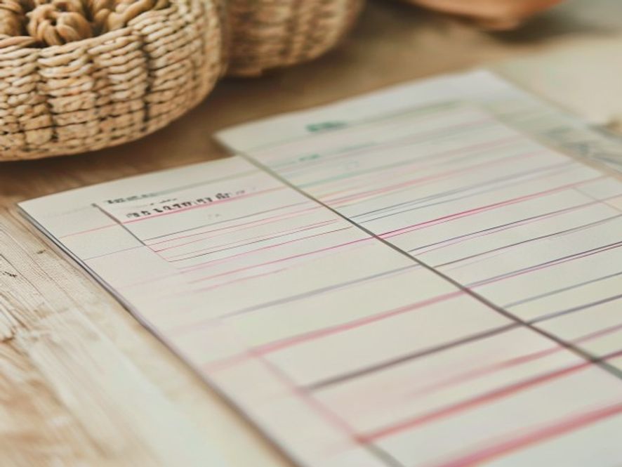 Close-up of printed habit tracker with checkmarks and colorful pen annotations