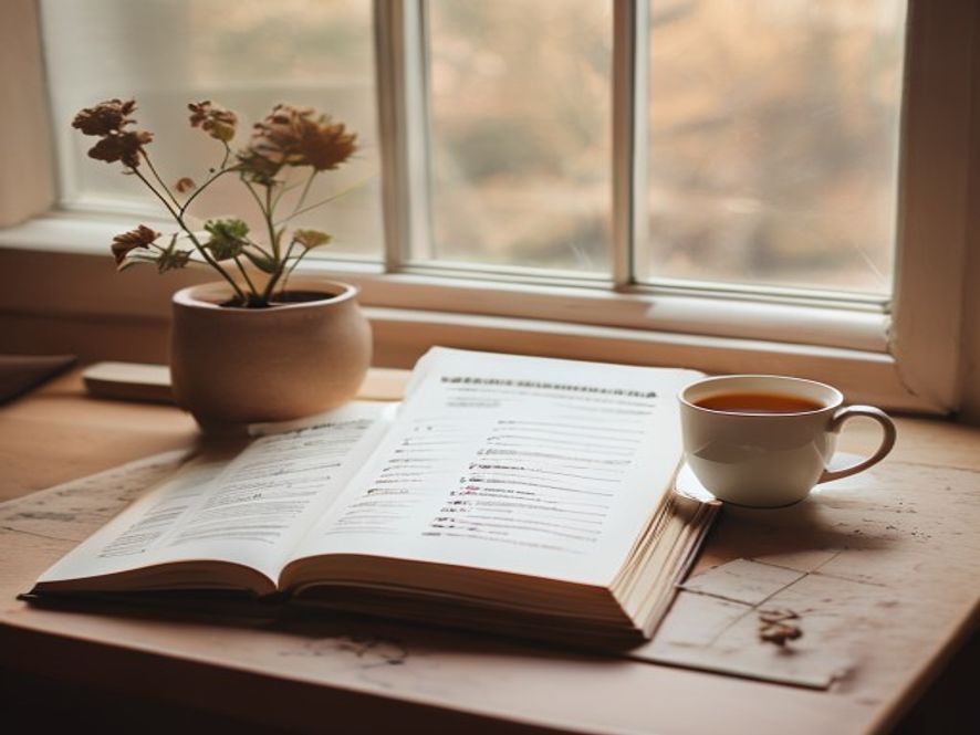Open journal with weekly habit summary chart next to cup of tea
